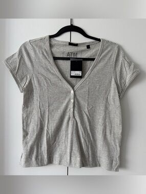 New! ATM Anthony Thomas Melillo Micro Slub Stripe Short-Sleeve Shirt Henley